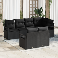 7 Piece Garden Sofa Set with Cushions Black Poly Rattan
