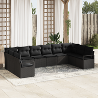 10 Piece Garden Sofa Set with Cushions Black Poly Rattan