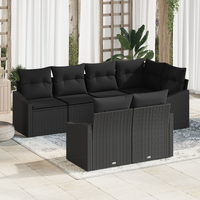 7 Piece Garden Dining Set with Cushions Black Poly Rattan