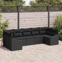 7 Piece Garden Dining Set with Cushions - Black Poly Rattan