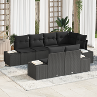 7 Piece Garden Sofa Set with Cushions Black Poly Rattan
