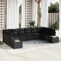10 Piece Garden Sofa Set with Cushions Black Poly Rattan