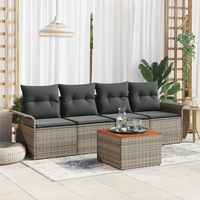 5 Piece Garden Sofa Set with Cushions Grey Poly Rattan Acacia
