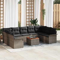 10 Piece Garden Sofa Set with Cushions Grey Poly Rattan Acacia