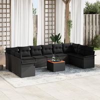 11 Piece Garden Sofa Set with Cushions Black Poly Rattan Acacia