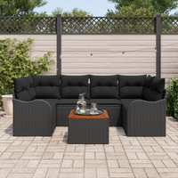 7 Piece Garden Sofa Set with Cushions Black Poly Rattan Acacia