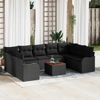 10 Piece Garden Sofa Set with Cushions Black Poly Rattan Acacia