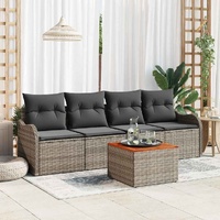 5 Piece Garden Sofa Set with Cushions Grey Poly Rattan Acacia