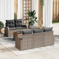 6 Piece Garden Sofa Set with Cushions - Grey Poly Rattan & Acacia