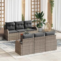 7 Piece Garden Sofa Set with Cushions Grey Poly Rattan Acacia