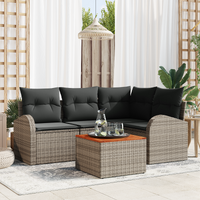 5 Piece Garden Sofa Set with Cushions Grey Poly Rattan Acacia