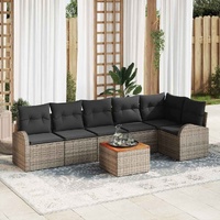 7 Piece Garden Sofa Set with Cushions Grey Poly Rattan Acacia
