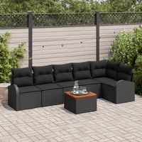 7 Piece Garden Sofa Set with Cushions Black Poly Rattan Acacia