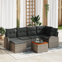 7 Piece Garden Sofa Set with Cushions Grey Poly Rattan Acacia