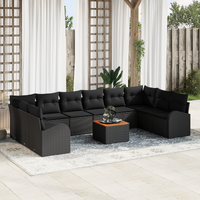 11 Piece Garden Sofa Set with Cushions Black Poly Rattan Acacia