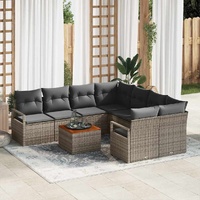 9 Piece Garden Sofa Set with Cushions Grey Poly Rattan Acacia