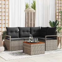 5 Piece Garden Sofa Set with Cushions Grey Poly Rattan Acacia