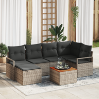 7 Piece Garden Sofa Set with Cushions Grey Poly Rattan Acacia