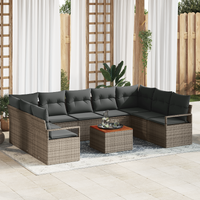10 Piece Garden Sofa Set with Cushions Grey Poly Rattan Acacia