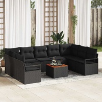 10 Piece Garden Sofa Set with Cushions Black Poly Rattan Acacia