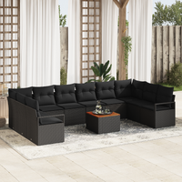 11 Piece Garden Sofa Set with Cushions Black Poly Rattan Acacia