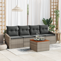 5 Piece Garden Sofa Set with Cushions Grey Poly Rattan Acacia