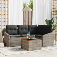5 Piece Garden Sofa Set with Cushions Grey Poly Rattan Acacia