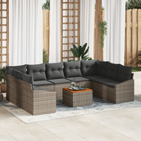 10 Piece Garden Sofa Set with Cushions Grey Poly Rattan Acacia