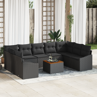10 Piece Garden Sofa Set with Cushions Black Poly Rattan Acacia