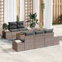 6 Piece Garden Sofa Set with Cushions Grey Poly Rattan Acacia