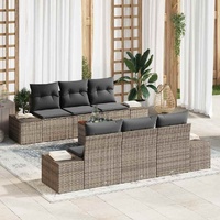 7 Piece Garden Sofa Set with Cushions Grey Poly Rattan Acacia