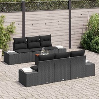 7 Piece Garden Sofa Set with Cushions Black Poly Rattan Acacia