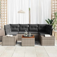 7 Piece Garden Sofa Set with Cushions Grey Poly Rattan Acacia