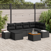 7 Piece Garden Sofa Set with Cushions Black Poly Rattan Acacia