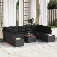 10 Piece Garden Sofa Set with Cushions Black Poly Rattan Acacia