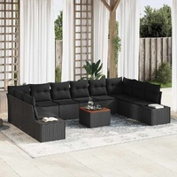 11 Piece Garden Sofa Set with Cushions Black Poly Rattan Acacia