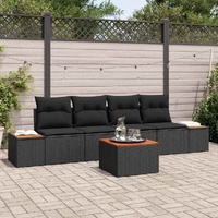 5 Piece Garden Sofa Set with Cushions Black Poly Rattan Acacia