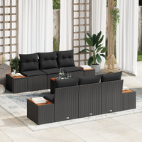 7 Piece Garden Sofa Set with Cushions Black Poly Rattan Acacia