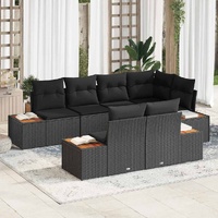 7 Piece Garden Sofa Set with Cushions Black Poly Rattan Acacia