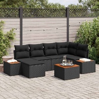 7 Piece Garden Sofa Set with Cushions Black Poly Rattan Acacia