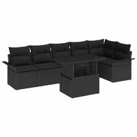 7 Piece Garden Sofa Set with Cushions Black Poly Rattan