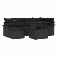 7 Piece Garden Sofa Set with Cushions Black Poly Rattan