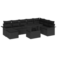 9 Piece Garden Sofa Set with Cushions Black Poly Rattan