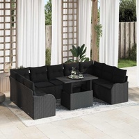 10 Piece Garden Sofa Set with Cushions Black Poly Rattan