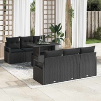 7 Piece Garden Sofa Set with Cushions Black Poly Rattan