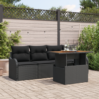 5 Piece Garden Sofa Set with Cushions Black Poly Rattan