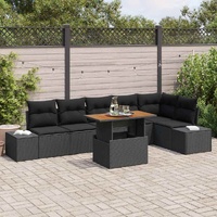 7 Piece Garden Sofa Set with Cushions Black Poly Rattan