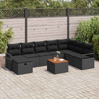 9 Piece Garden Sofa Set with Cushions Black Poly Rattan