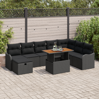 9 Piece Garden Sofa Set with Cushions Black Poly Rattan