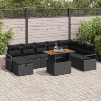 9 Piece Garden Sofa Set with Cushions Black Poly Rattan
